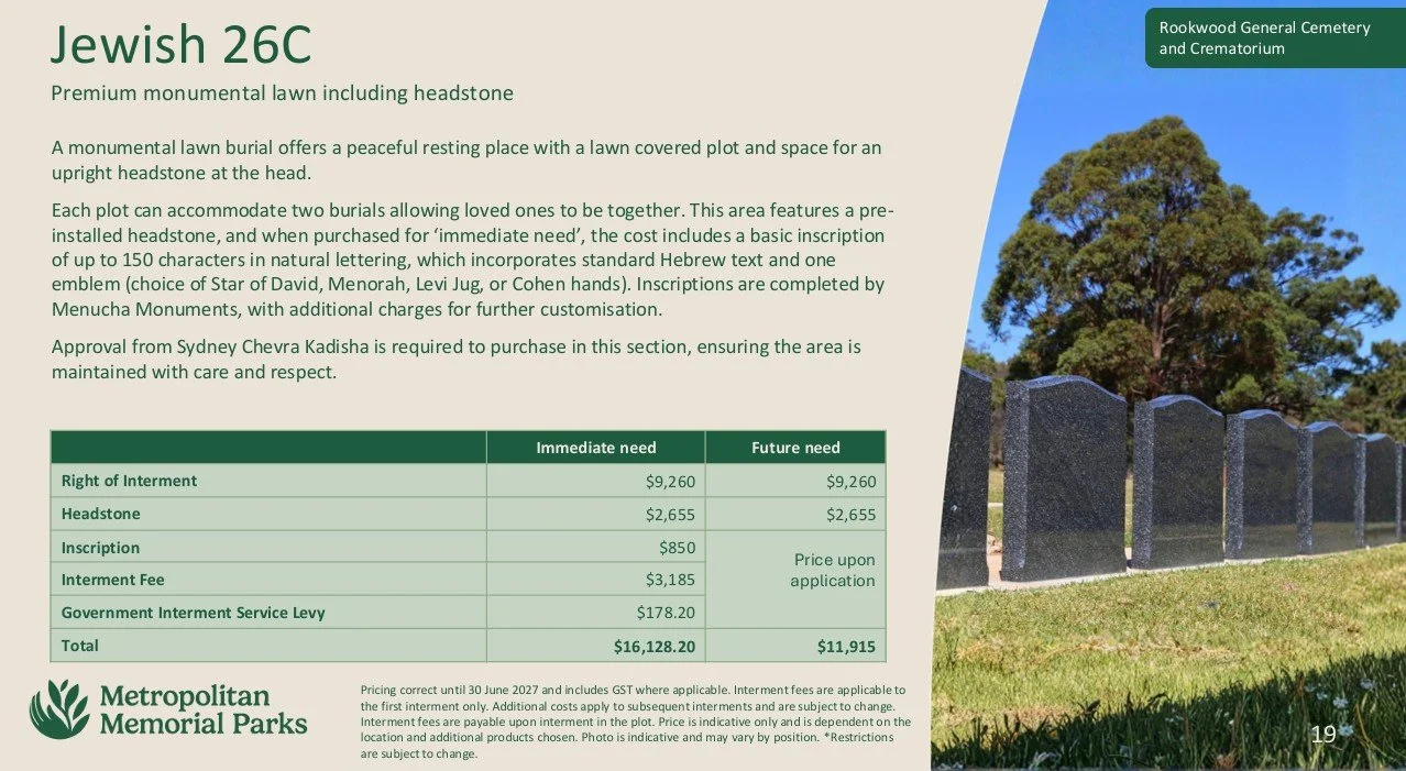 A sign detailing information about Jewish 26C at Rookwood General Cemetery and Crematorium, including costs and procedures for memorial plots, headstones, inscriptions, and interment fees, with a background of a large tree and a row of polished black headstones in a cemetery.