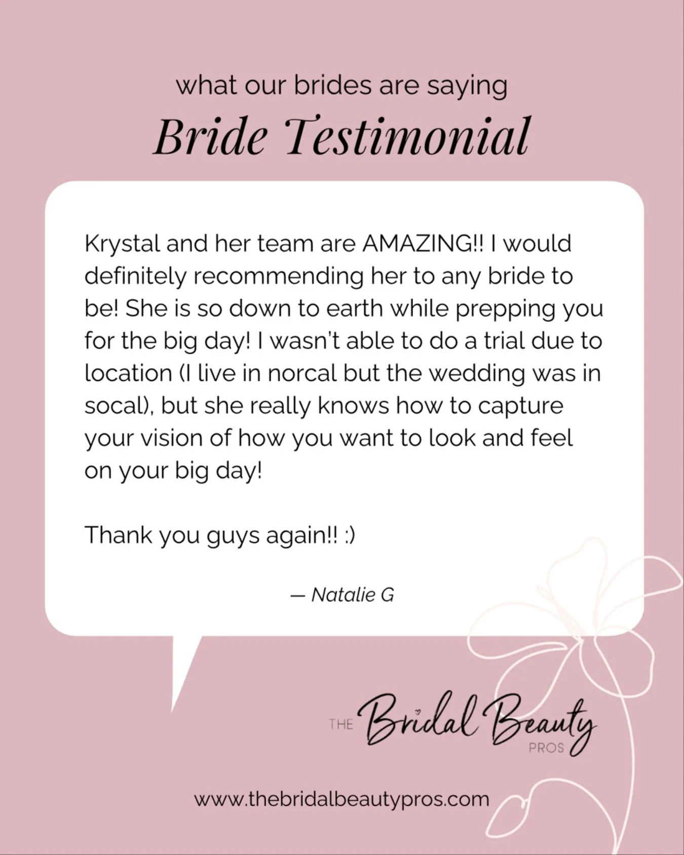 Sweet words from our Bride, Natalie. 💕 

@thebridalbeautypros 

Info@thebridalbeautypros.com

#riversidemakeupartist #ocmakeupartist #bridalmakeupandhair #bridalbeautyteam #thebridalbeautypros #losangelesmakeupartist #redlandsmakeupartist #palmsprin