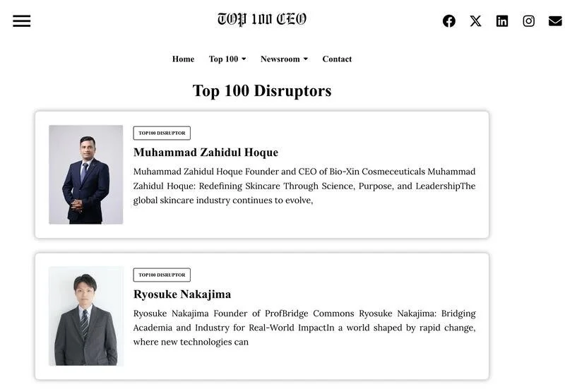 ProfBridge Commons Founder Dr. Ryosuke Nakajima Named a Top 100 Disruptor by Top 100 CEO