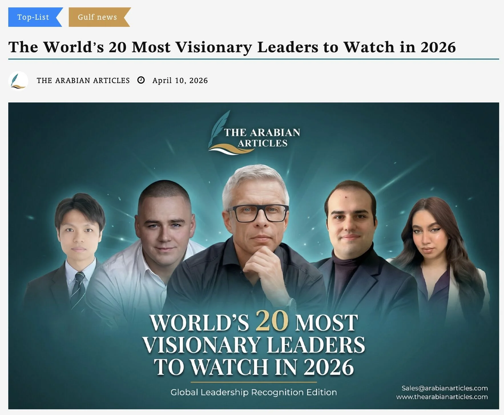 Founder, Dr. Ryosuke Nakajima Recognized as One of “The World’s 20 Most Visionary Leaders to Watch in 2026”