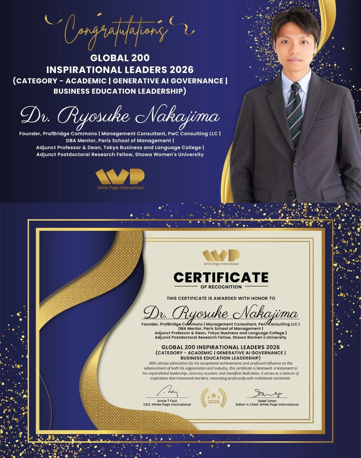 ProfBridge Commons Founder Dr. Ryosuke Nakajima Recognized among Global 200 Inspirational Leaders 2026 by White Page International