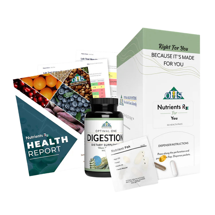 Collection of health and nutrition products from OHS Supplements including a bottle of digestion dietary supplement, health report, nutrient packs, and a box of Nutrients R for You health paks, all available from Hometown Chiropractic and Wellness