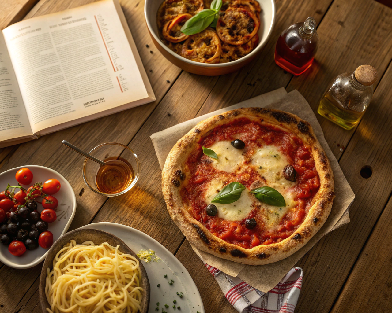 A table with Italian food including a margherita pizza with basil, olives, and melted cheese, a bowl of spaghetti, a plate of cherry tomatoes, a bowl of stuffed mushrooms, a glass of honey, bottles of oil and vinegar, and an open menu.