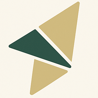 Abstract geometric design with four triangles in shades of green and beige. It is origami and illustrative of transformation.