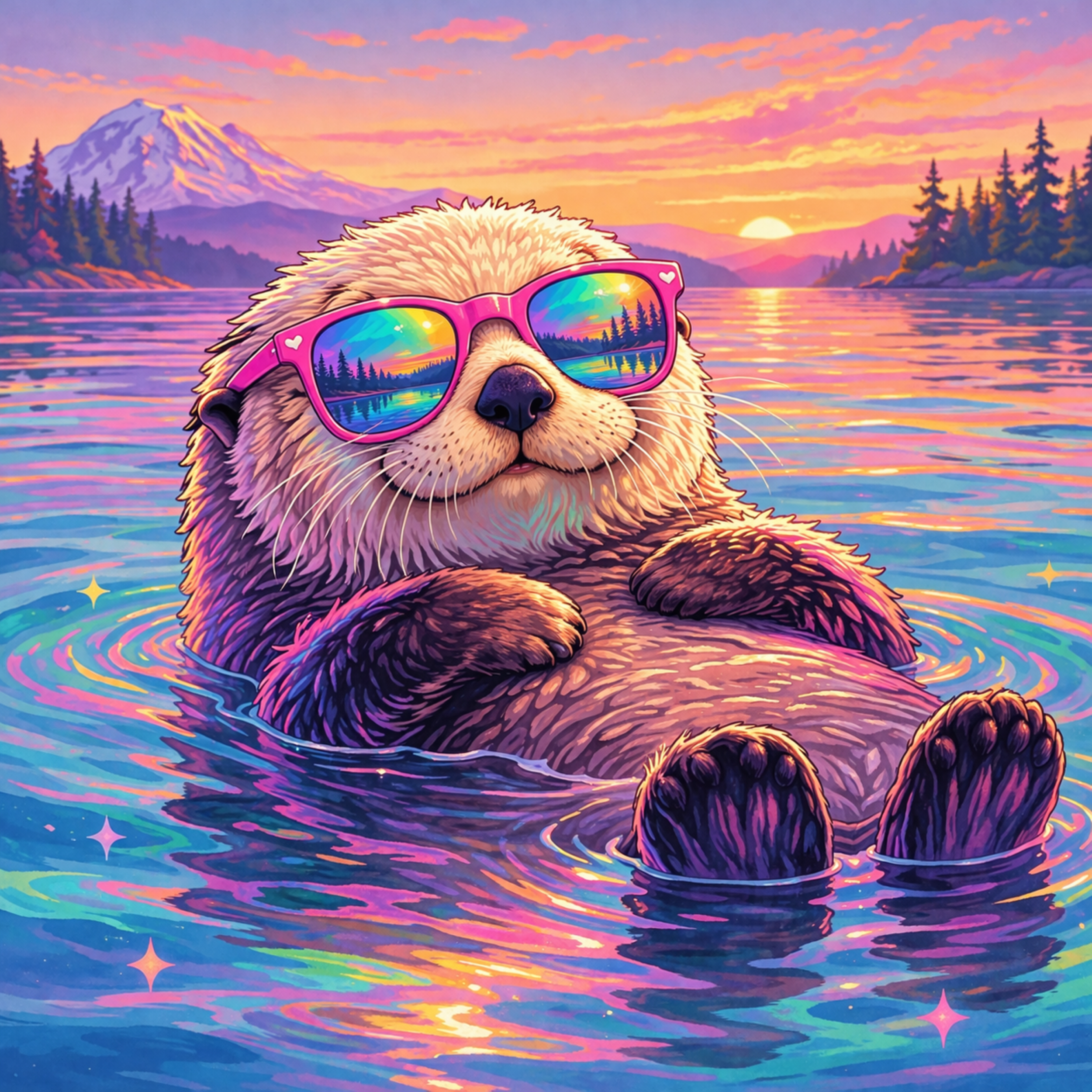 A cartoon-style illustration of a happy bear wearing pink sunglasses with a reflection of a sunset and forest, floating in a colorful lake with a mountain and sunset in the background.