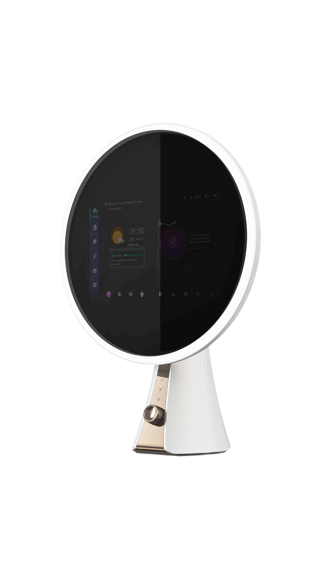 An AI smart mirror with a circular display and a white base, featuring a dark screen that shows app icons and notifications.