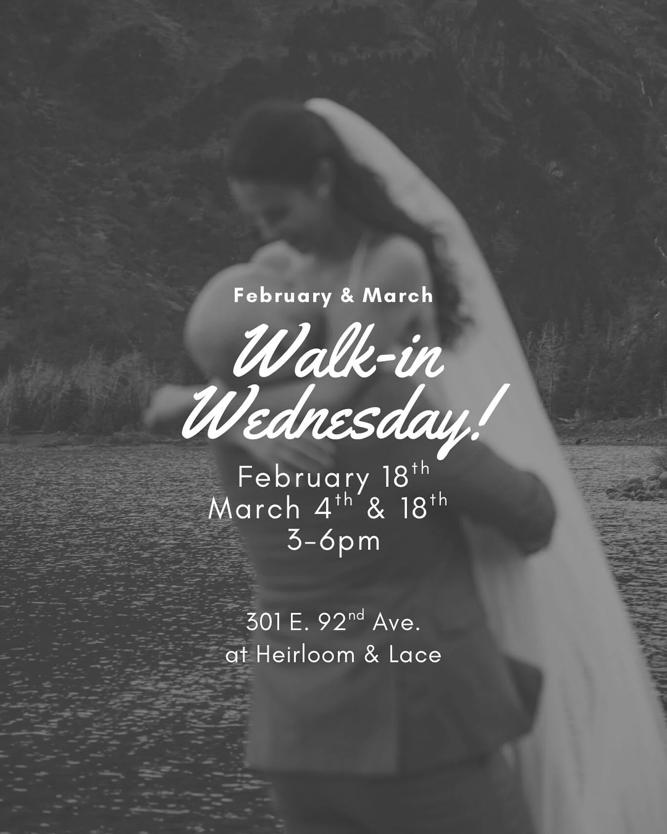 Walk-In Wednesday
3&ndash;6pm

No appointment. No pressure. Just racks full of beautiful, ready-to-take-home gowns waiting to be tried on!

Come solo or bring your favorite people and spend the evening browsing our ever-changing consignment collectio