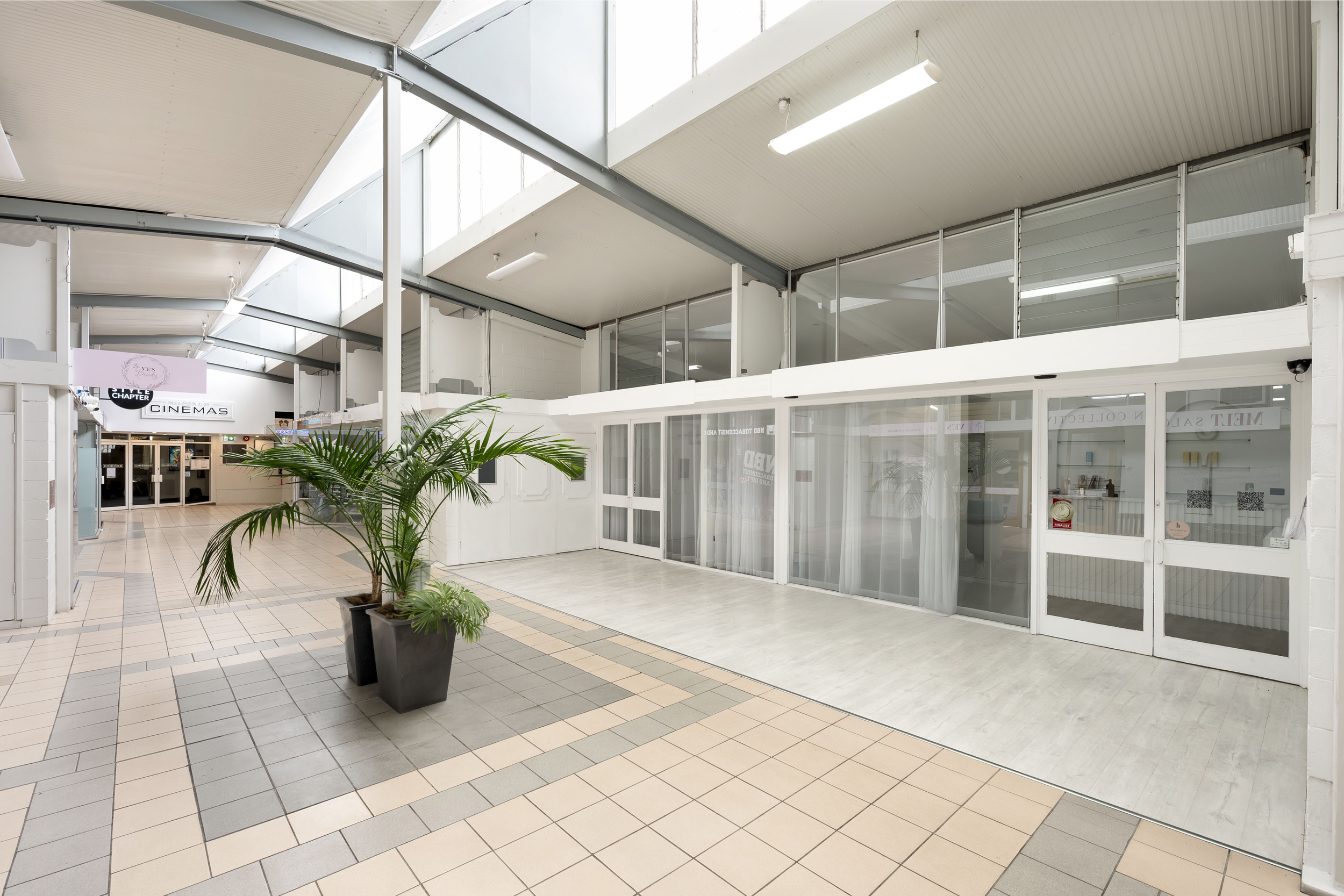 Empty indoor shopping mall hallway with large potted plant, tiled floor, glass windows, and white walls.