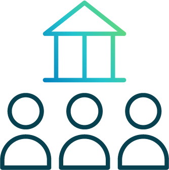 Icon of a courthouse or government building with three people below it.
