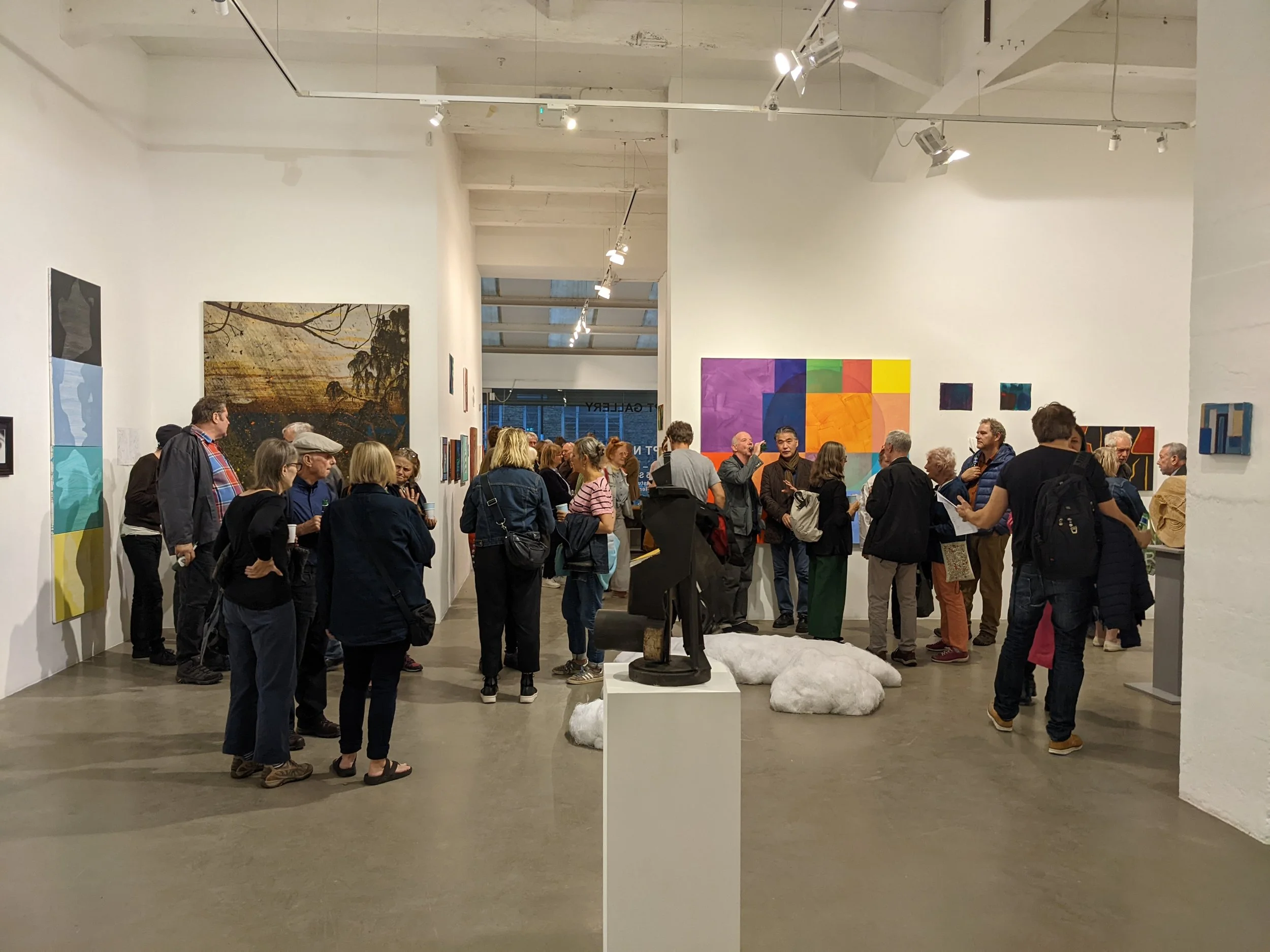 A group of people look at art in the APT gallery