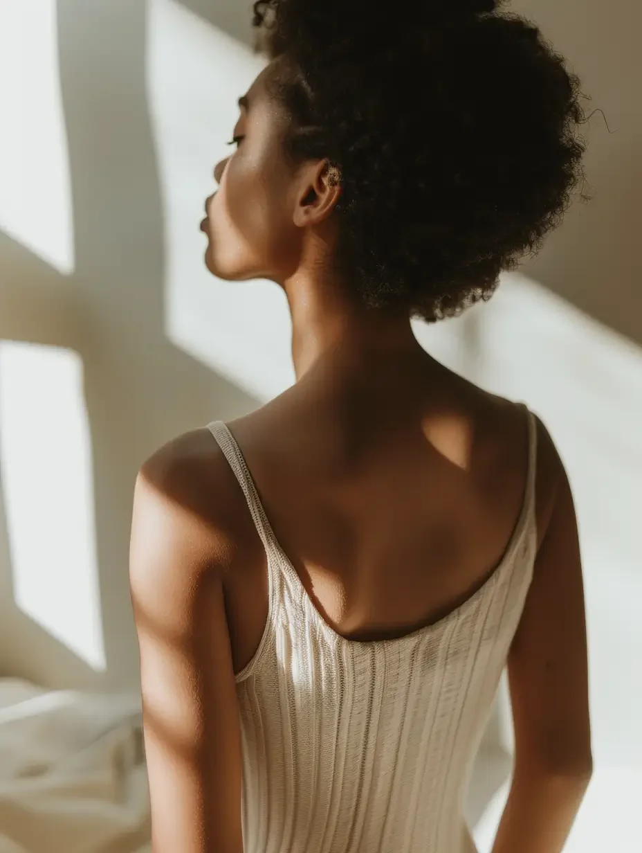 Close up of woman's back and shoulders showing natural posture and body awareness in soft sunlight