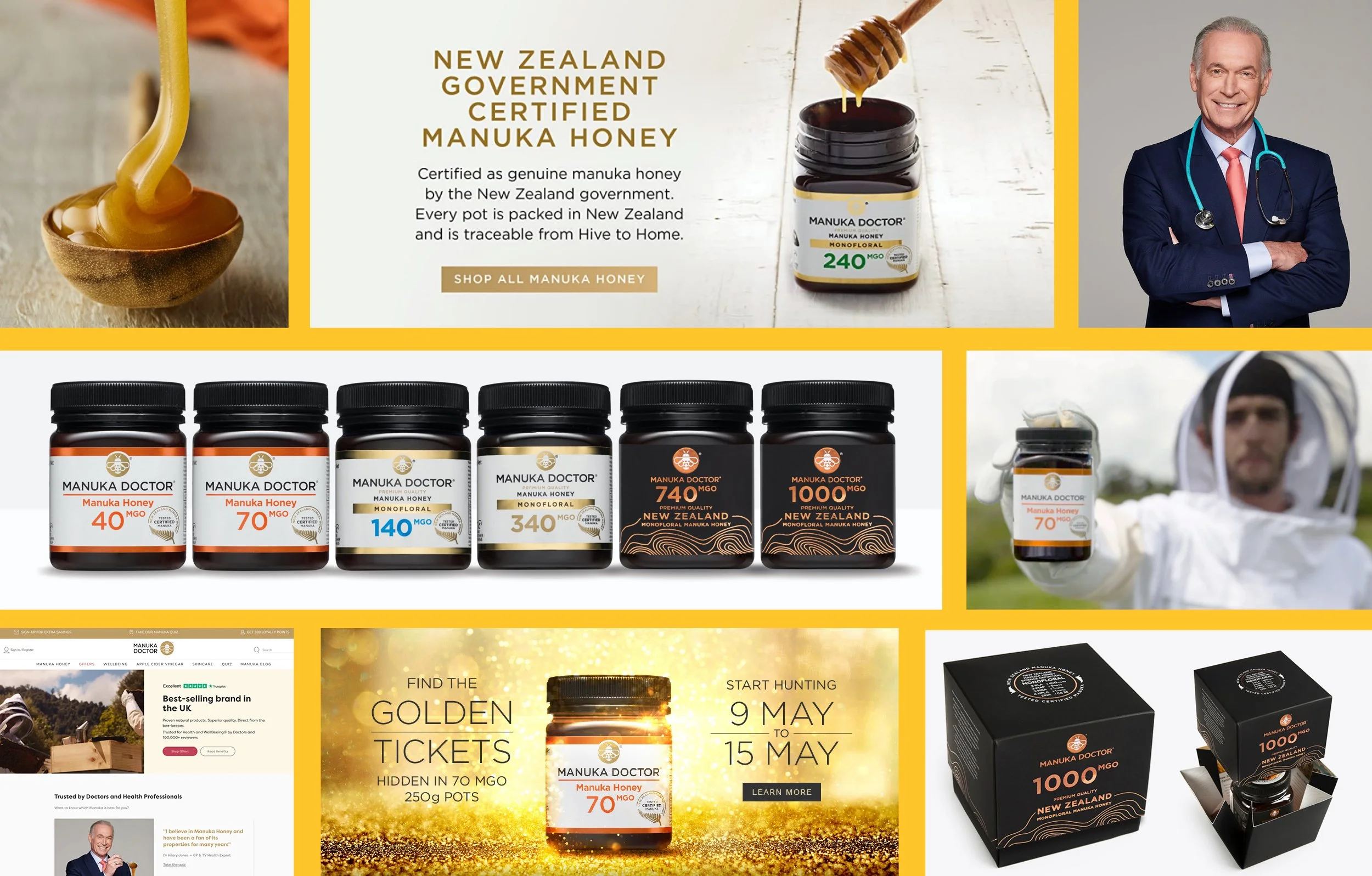 Collage of Manuka honey products including jars and boxes, a doctor, a beekeeper in protective gear, and promotional banners for Manuka honey from New Zealand.