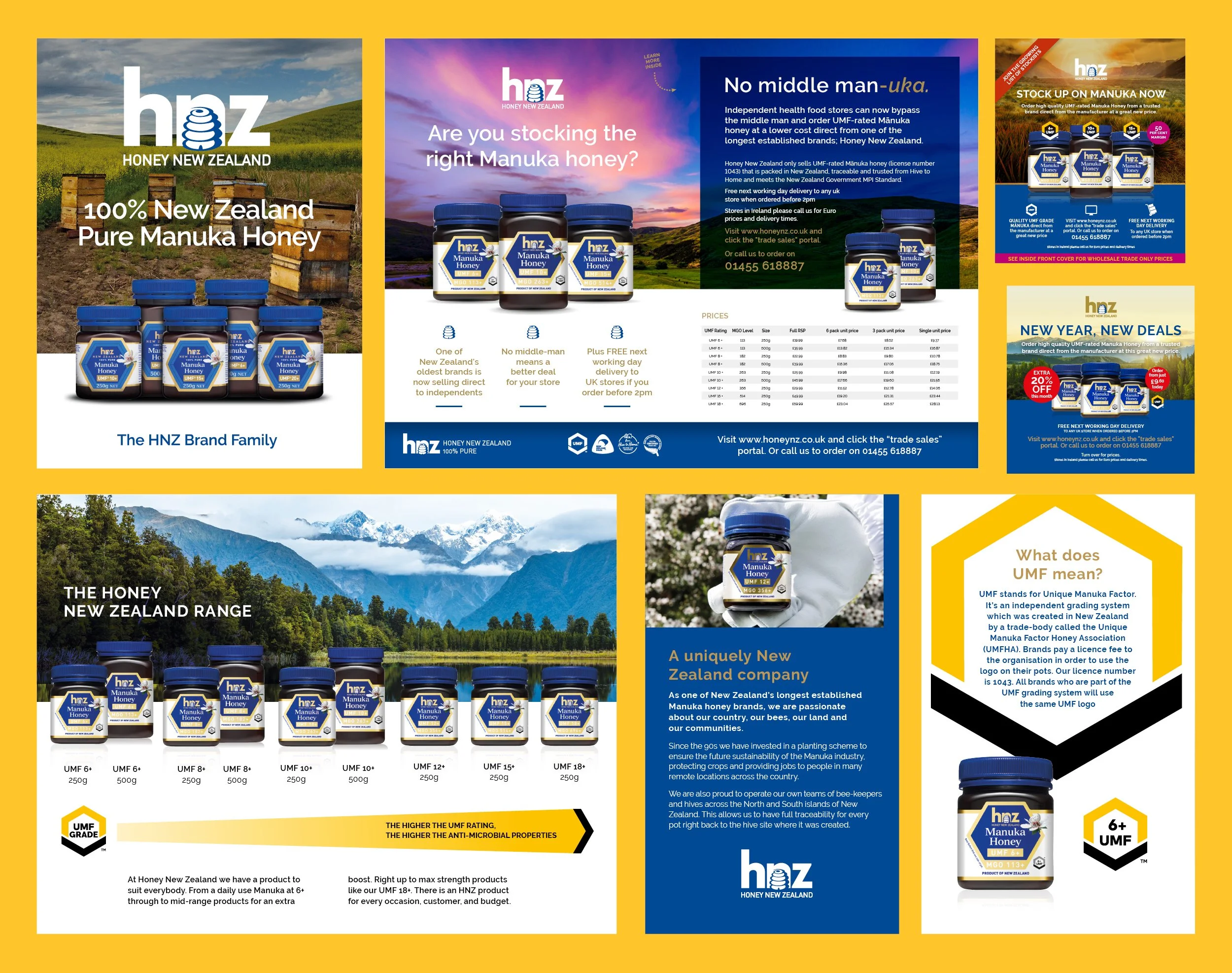 A collage of promotional images for honey products from Honey New Zealand, featuring various honey jars, labels, and advertisements highlighting the quality, range, and benefits of their Manuka honey.