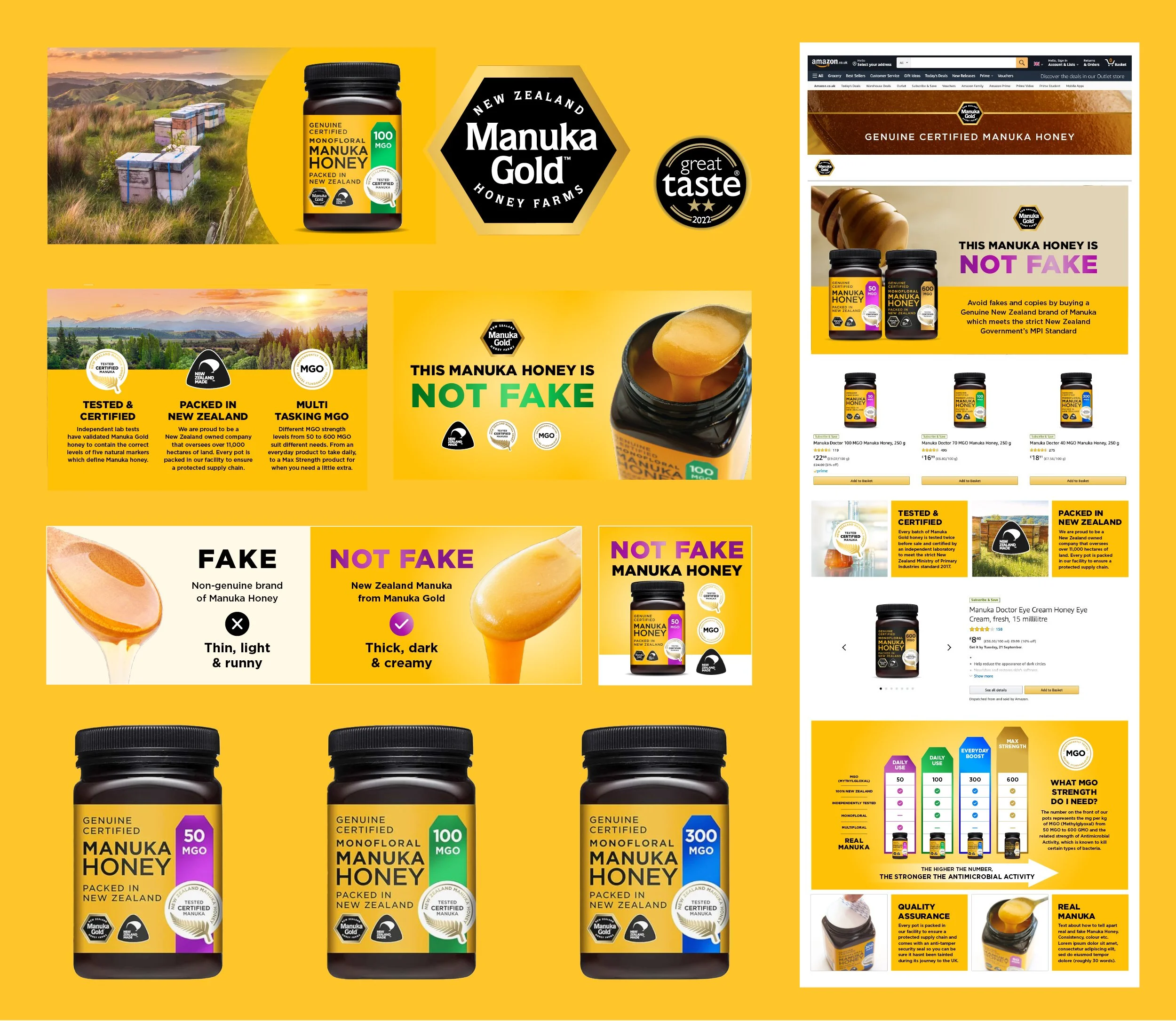 Collection of Manuka honey products from Manuka Gold, including different MGO strengths, with labels indicating verified authenticity. The background features scenic images of New Zealand landscapes and hive beehives. Promotional text highlights that the honey is tested, certified, and not fake.