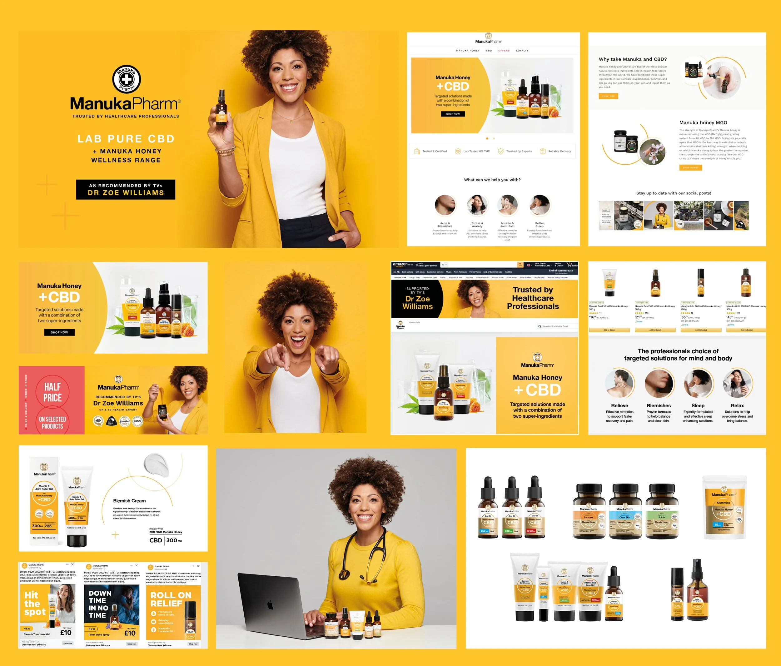 A collage of images and website screenshots promoting ManukaPharm, a healthcare brand specializing in CBD and Manuka Honey products, featuring a woman holding a dropper, product displays, and healthcare professionals.