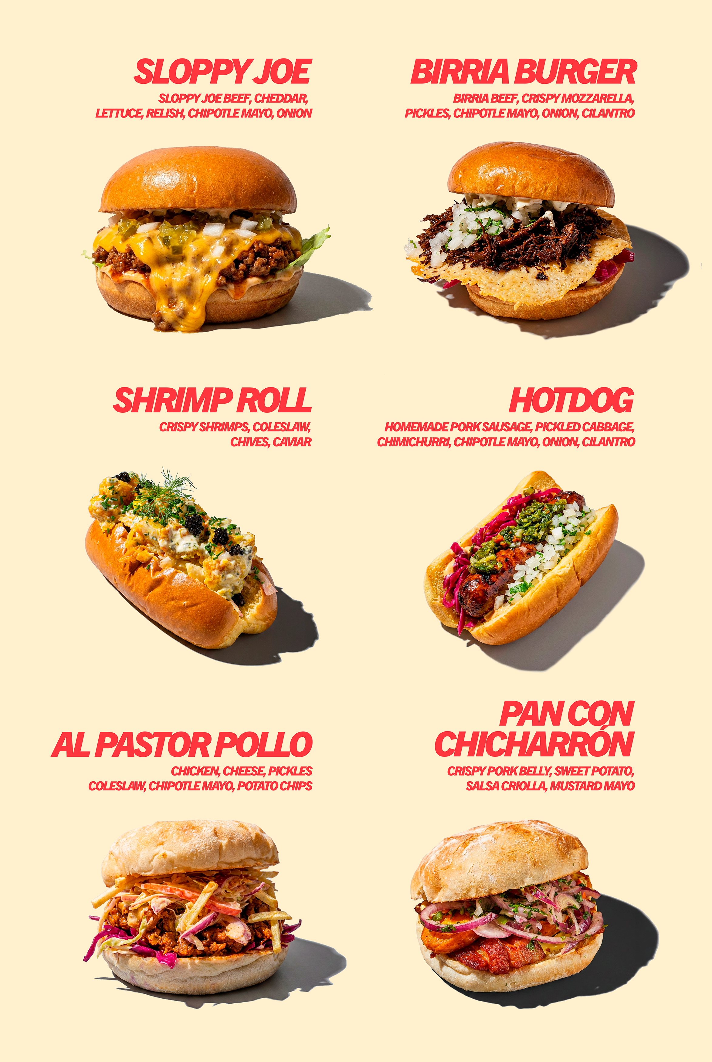 pan menu Rotterdam, choripan hotdog, pan con chicharron pork belly sandwich, chicken burger, birria burger, shrimp roll, sloppy Joe burger
