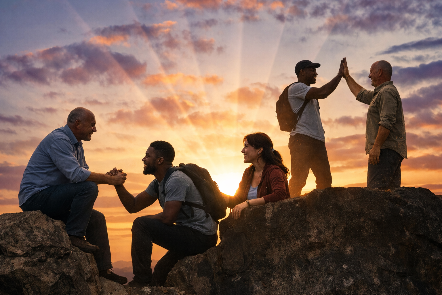 Silhouettes of five people on a mountain cliff during sunset, with some helping each other and sharing a high five for teamwork and unity.
