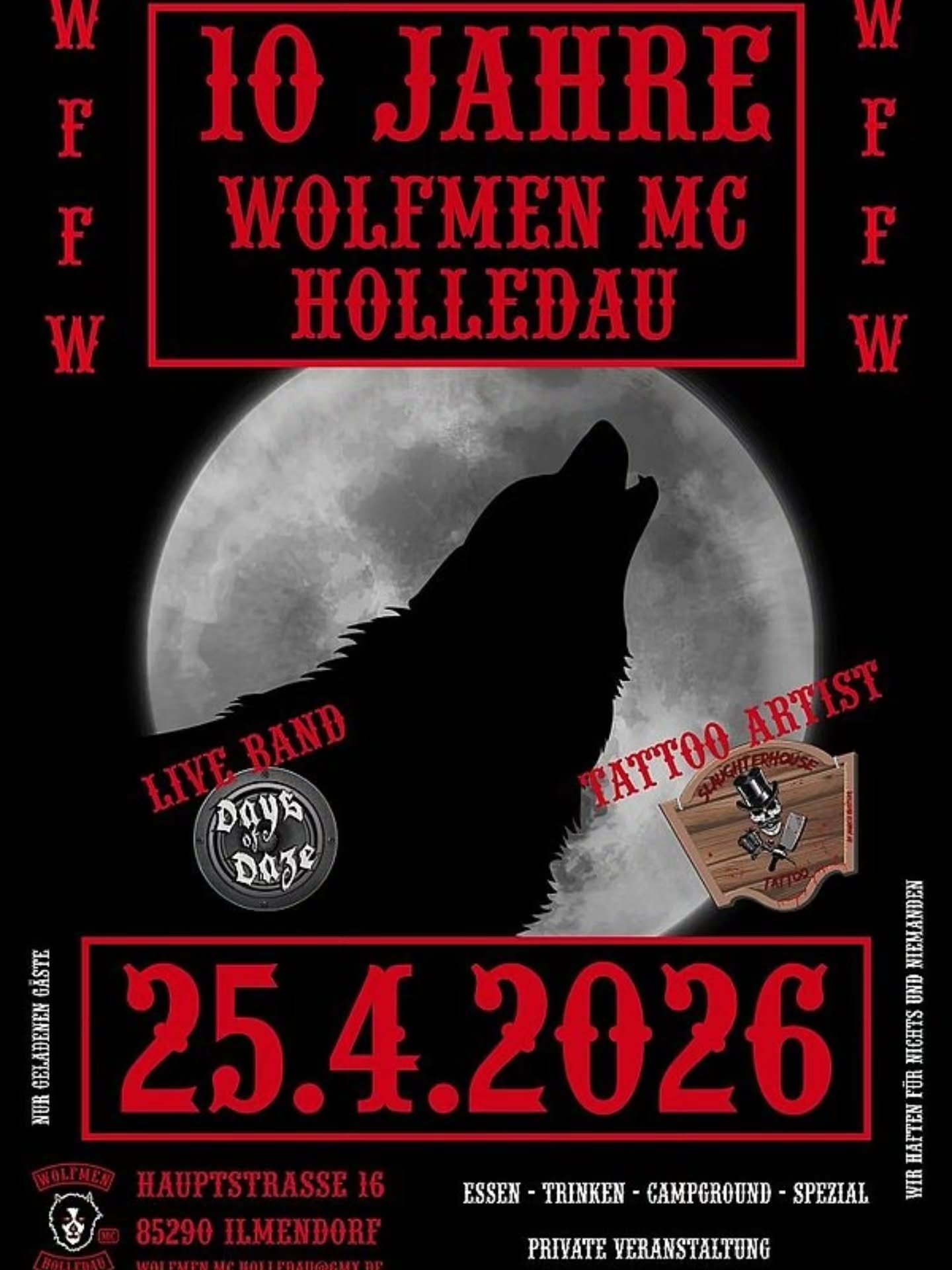 Secretary Chriss und Hangaround Heiko haben den MC Wolfmen Holledau zu ihrem 10 J&auml;hrigen Jubil&auml;um besucht!
Auch wie die letzten Jahre haben sich die W&ouml;lfe nicht lumpen lassen und haben wieder eine geile Party auf die Beine gestellt 💪
