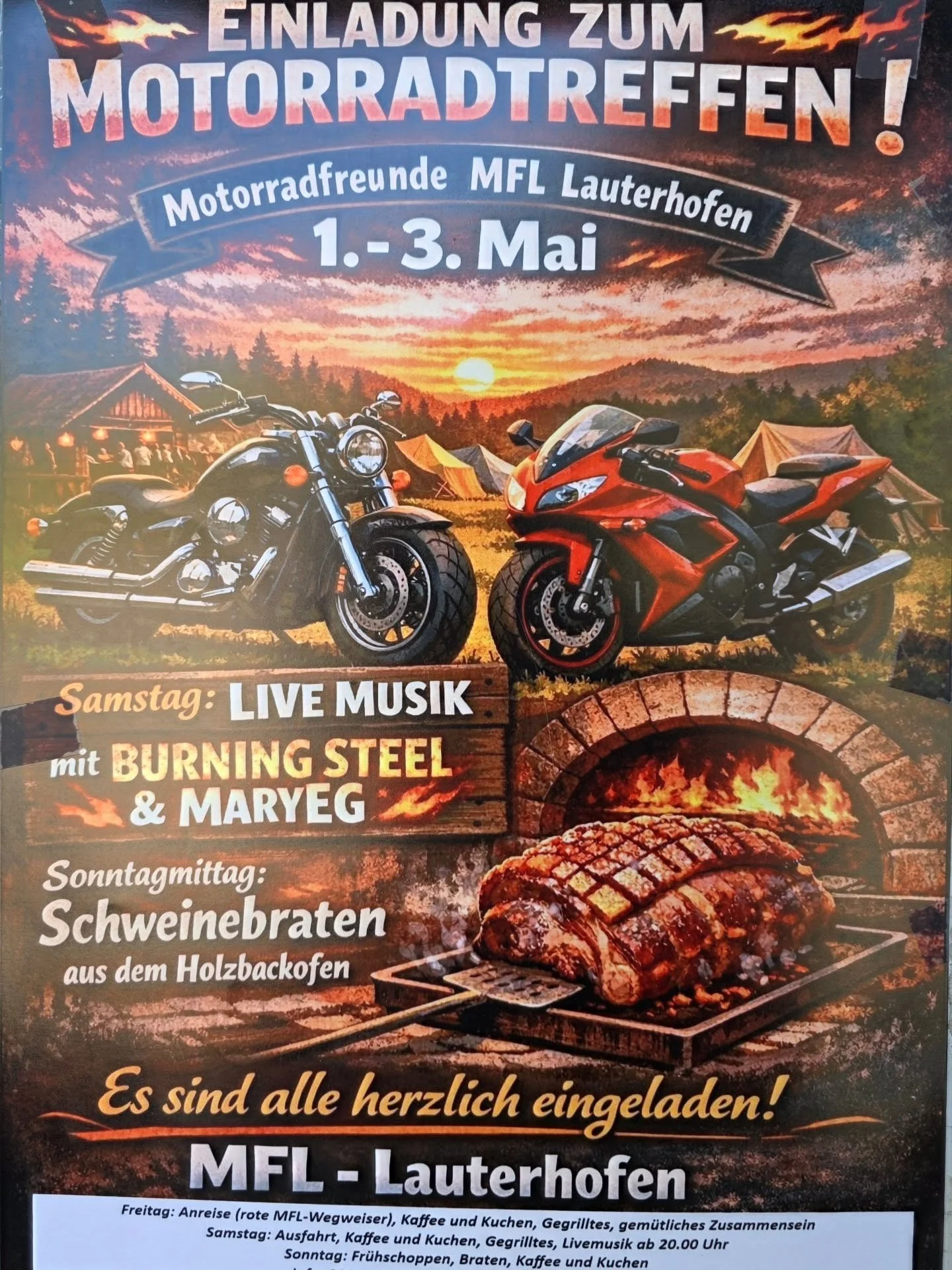 Secretary Chriss und seine Nadine haben spontan den MF Lauterhofen besucht. Sch&ouml;ne Location und klasse Party mit Livemusik. Am Samstag mit kleiner Ausfahrt und heute am Sonntag sogar Schweinebraten aus dem eigenen Holzofen!
Nat&uuml;rlich haben 