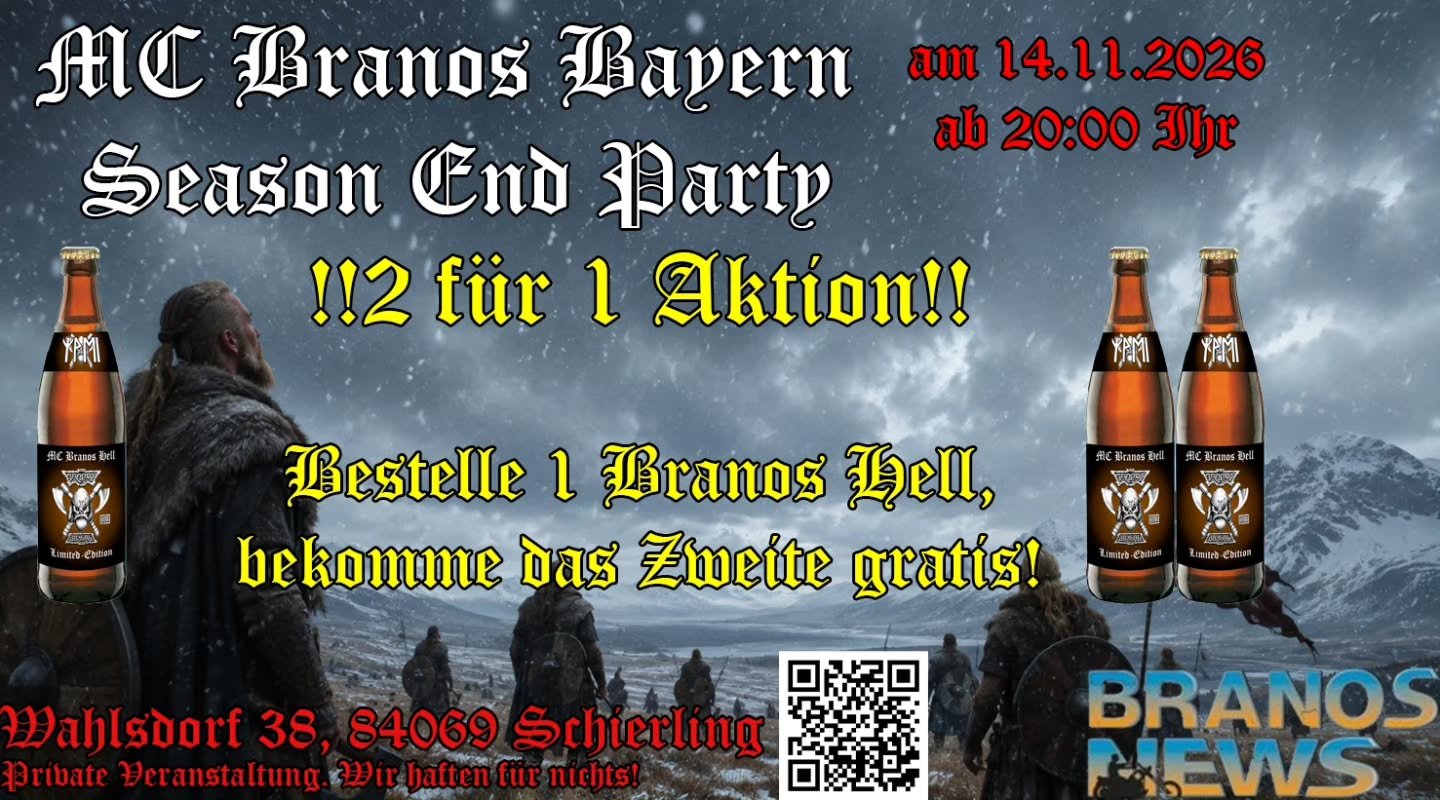 Zwar haben wir schon die Season End Party angek&uuml;ndigt, aber jetzt hauen wir noch einen Banger raus 😎
2 f&uuml;r 1 Aktion!! Bestelle ein Branos Hell, erhalte das Zweite gratis!!
Auf euer Wohl 🍻🍻