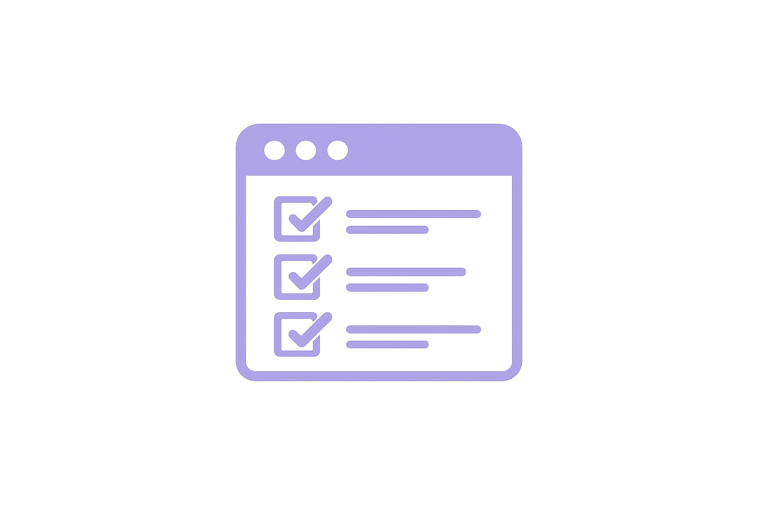 A purple icon of a checklist displayed on a computer screen with three items, each marked with a check.