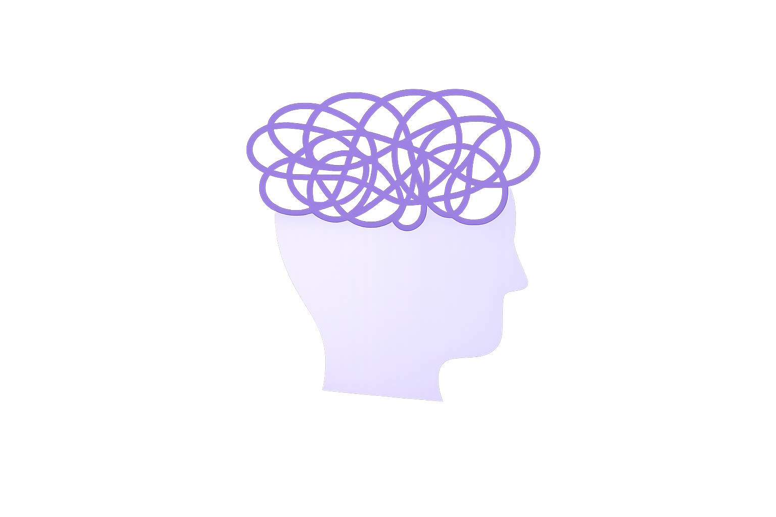 Silhouette of a person's head in profile with a purple, tangled, brain-like shape on top, set against a dark background.