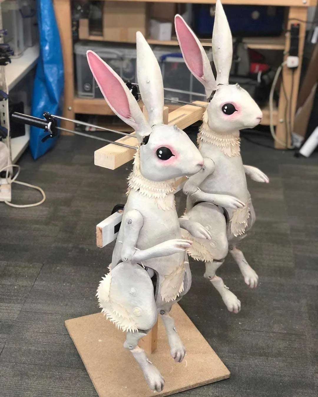 Rabbit mechanised puppets made by animal puppet makers Stitches and Glue