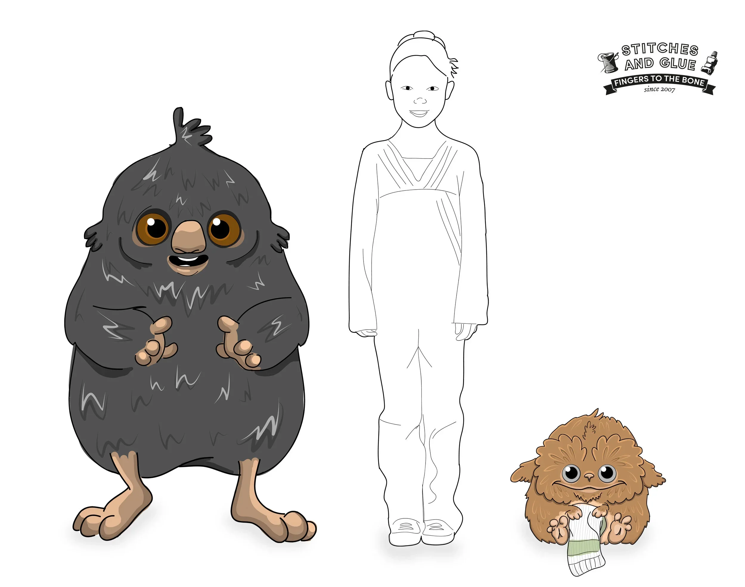 Mole and socky character design - cute monster puppet designers Stitches and Glue
