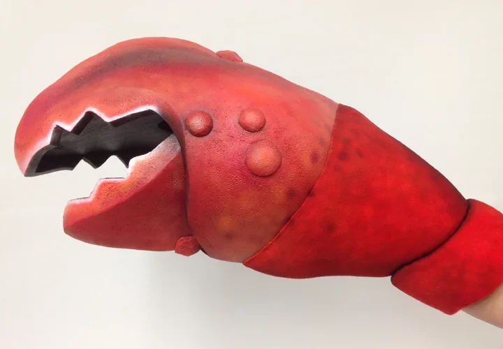 Lobster claw mechanised creature glove puppet, made by Stitches and Glue