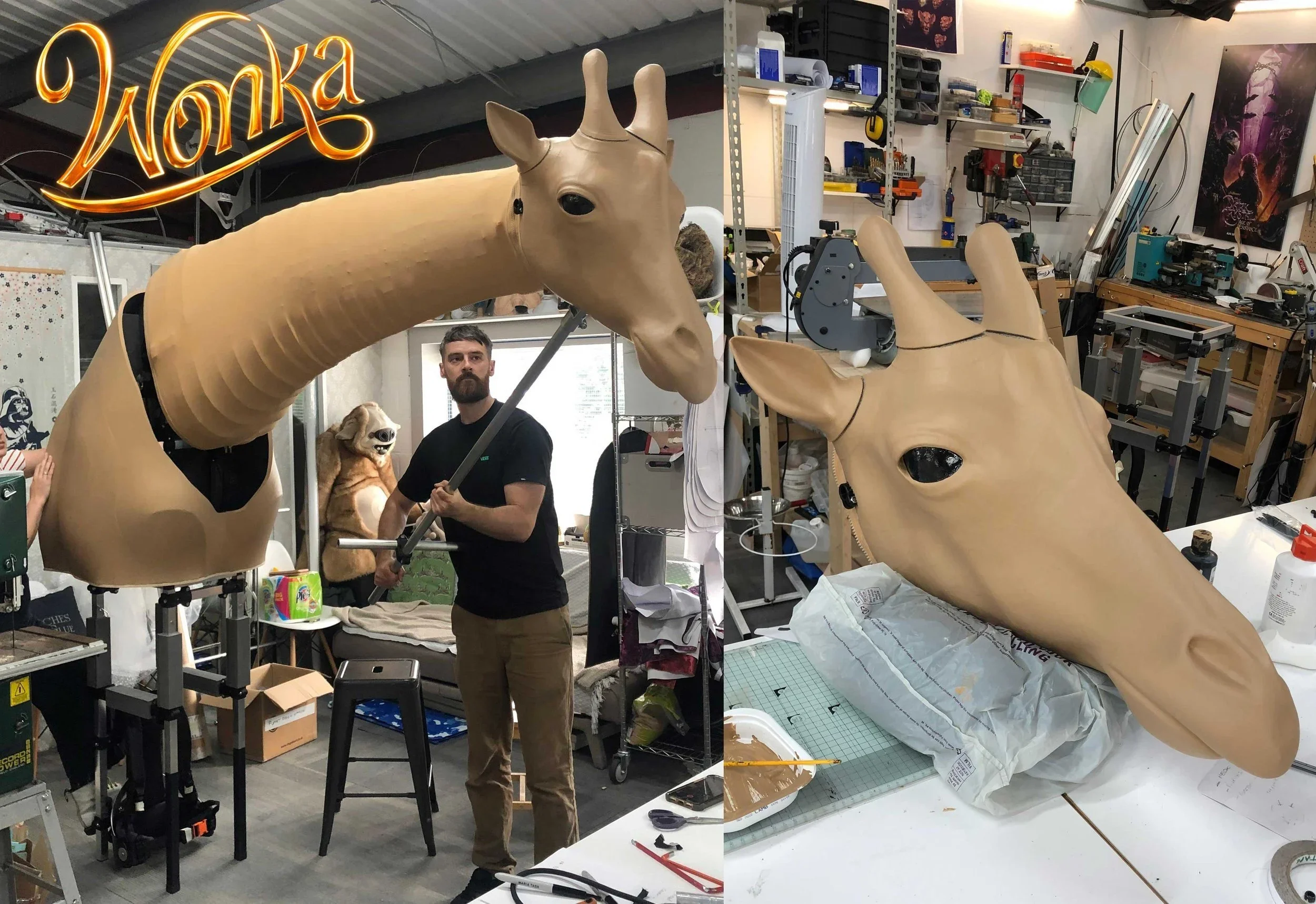 VFX reference giraffe puppet rig by Stitches and Glue for the Wonka movie