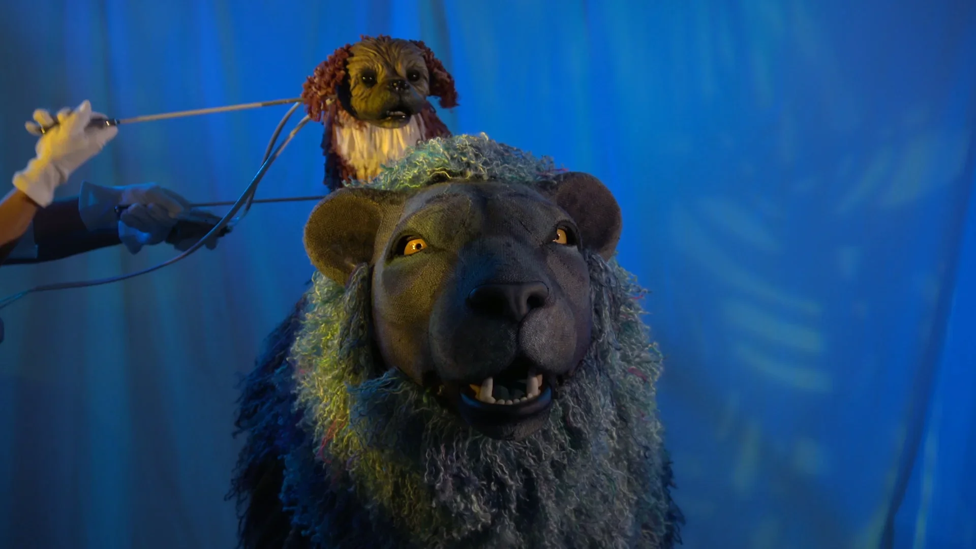 Friendly lion and dog puppets made for a theatre show - puppet-makers Stitches and Glue