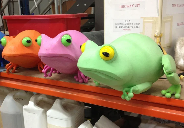 Frog puppets made by Stitches and Glue for The Light Princess at the National Theatre