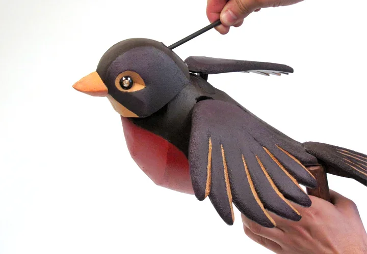 Mechanical bird robin puppet, made by Stitches and Glue