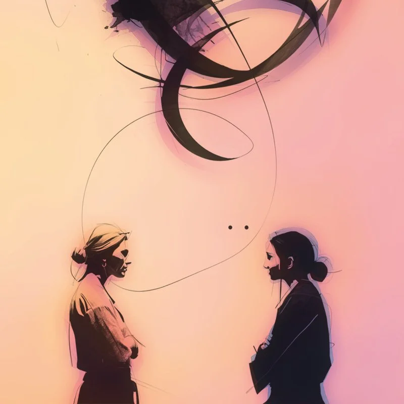 Illustration of two women facing each other with speech bubbles containing stylized shapes and lines, against a gradient pink and cream background.
