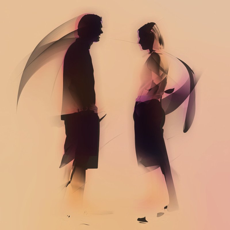 Silhouettes of a man and woman standing face to face, with abstract, colorful effects around them