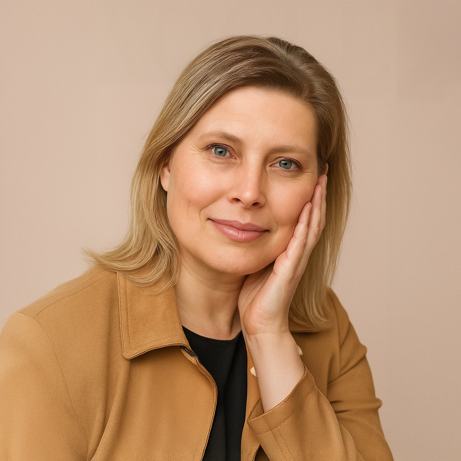A woman with blonde hair and blue eyes resting her face against her hand, wearing a tan jacket and black top, smiling softly against a neutral background.