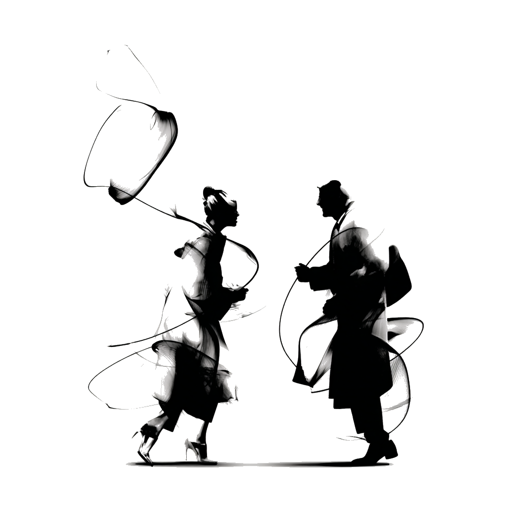 Silhouettes of a woman and a man facing each other, holding bubbles, with abstract black ink-like swirls surrounding them, set against a white background.