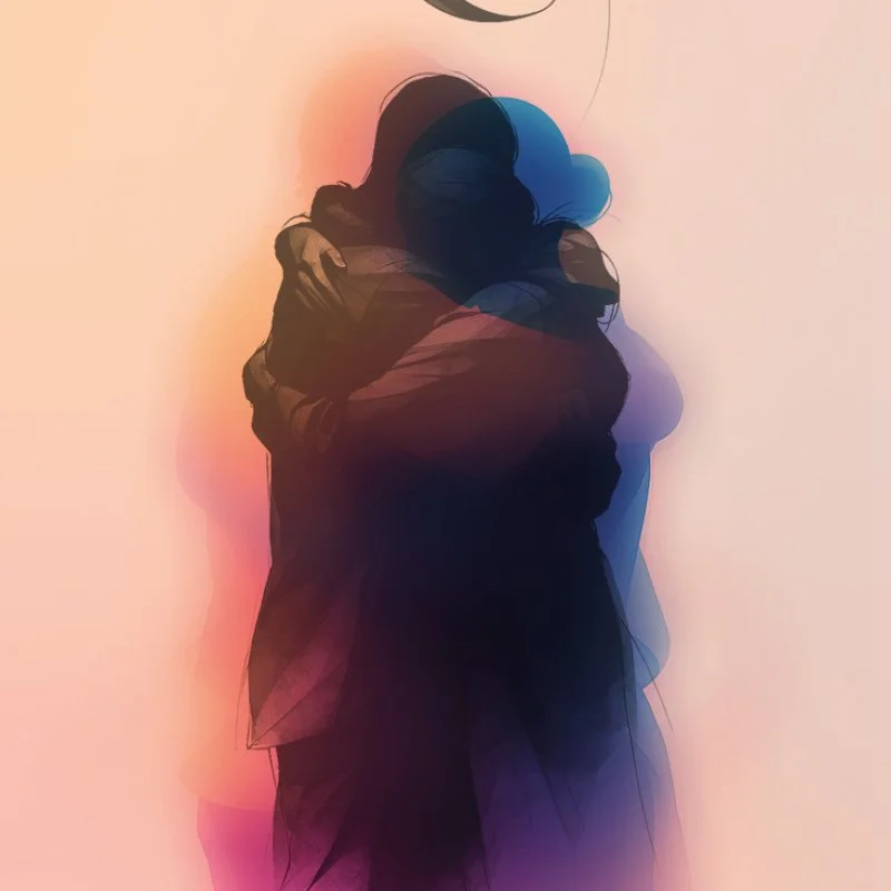 Abstract digital illustration of two people hugging, with colorful, blurred, and layered effects.