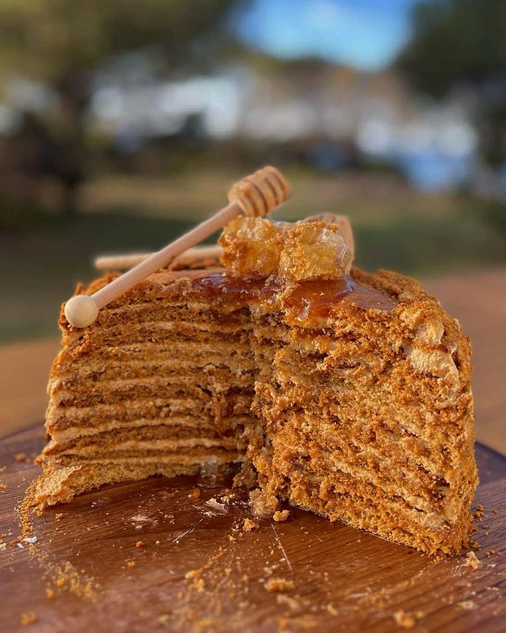 A slice of layered honey cake with honeycomb and honey on top, garnished with a honey dipper, on a wooden surface outdoors.