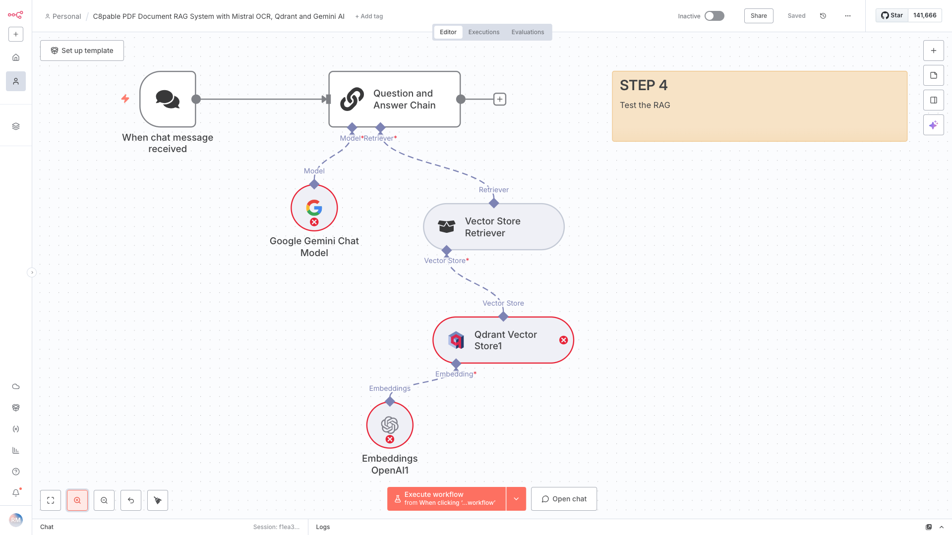 Flowchart of a chatbot system with steps for processing messages, retrieving information from Google Gemini and Vector Store, and testing the RAG system.