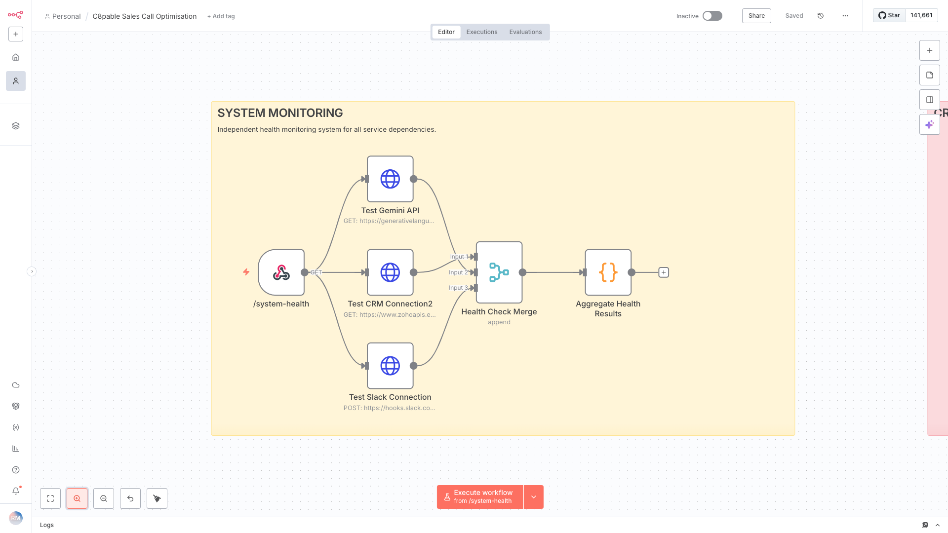 Workflow diagram titled System Monitoring with steps for testing health system APIs, CRM connection, Slack connection, merging health check data, and aggregating results.