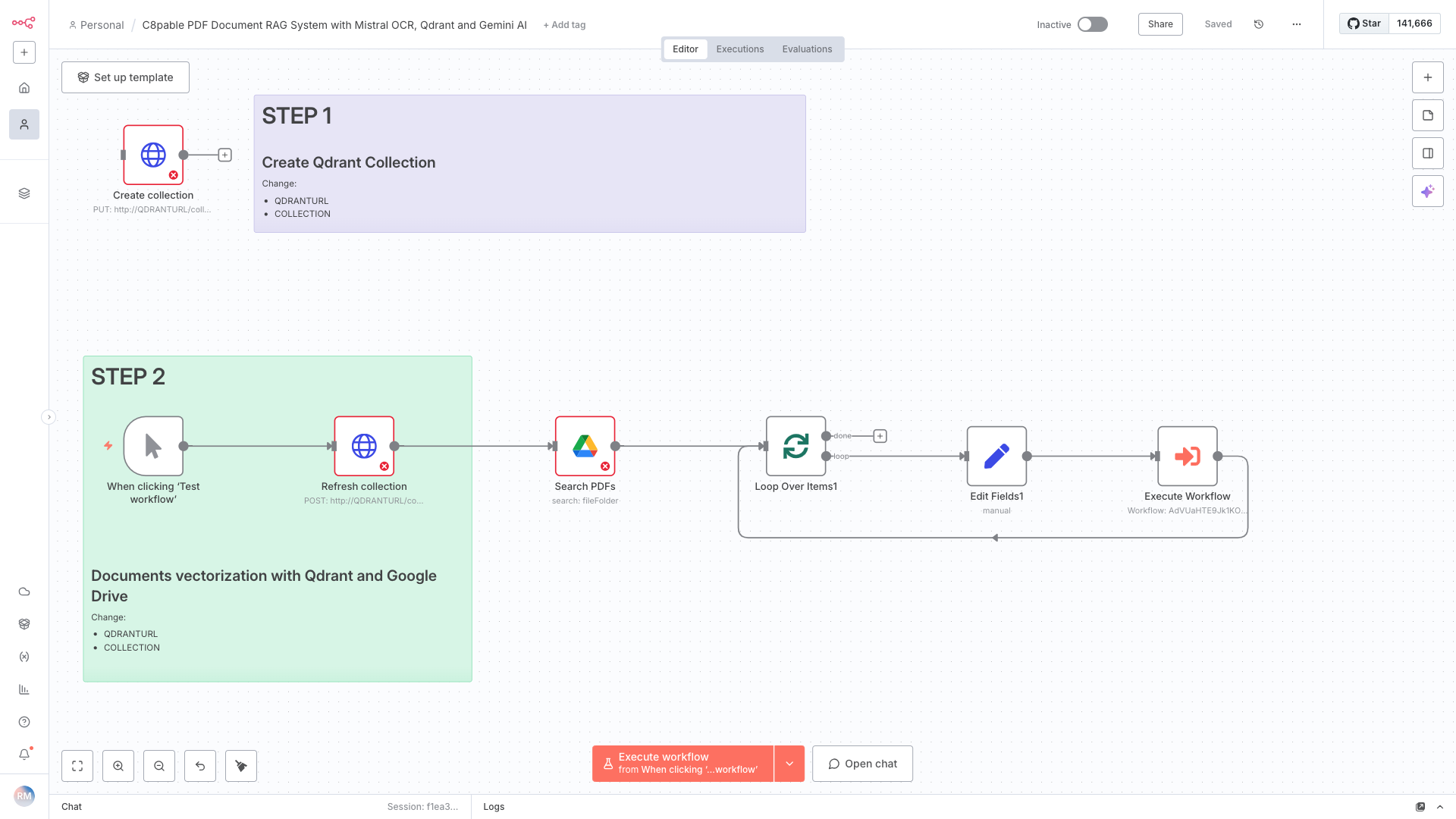 Flowchart showing steps for creating a document collection using Qdrant and Google Drive with nodes labeled 'Create collection' and 'Refresh collection'.