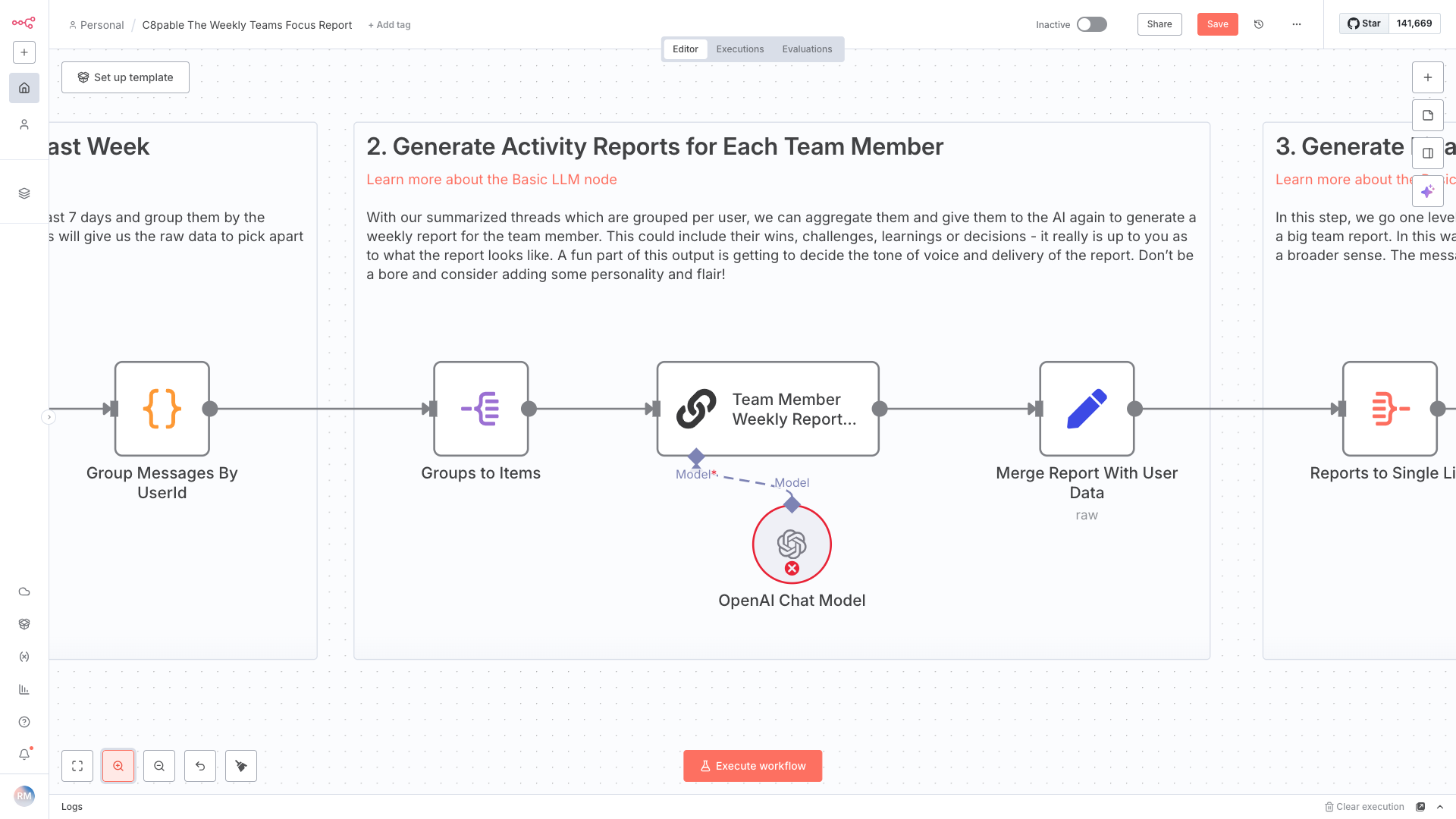 Screenshot of a workflow diagram for team activity reporting, including steps for grouping messages by user, generating weekly reports, and merging data for team members.