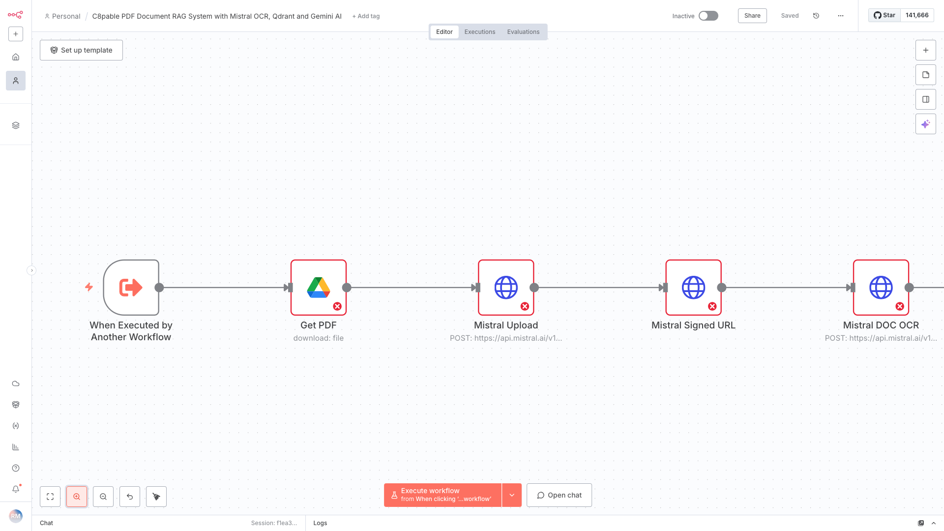 Workflow diagram showing steps for PDF processing and OCR, including getting a PDF, uploading to Mistral, signing URL, and OCR, with icons for workflow triggers, Google Drive, web, and document scanning.