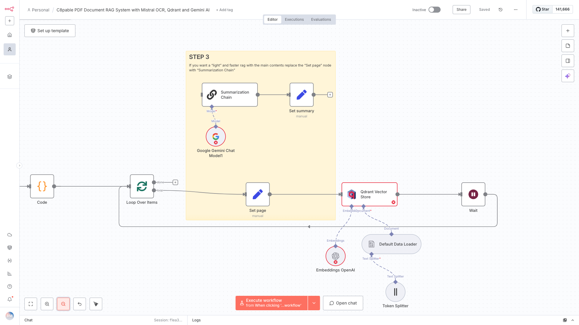 Flowchart showing steps for processing and summarizing a document using various AI and data tools, including model setup, looping through items, setting pages, and embedding content, with categories like code, data loader, wait, and splitters.