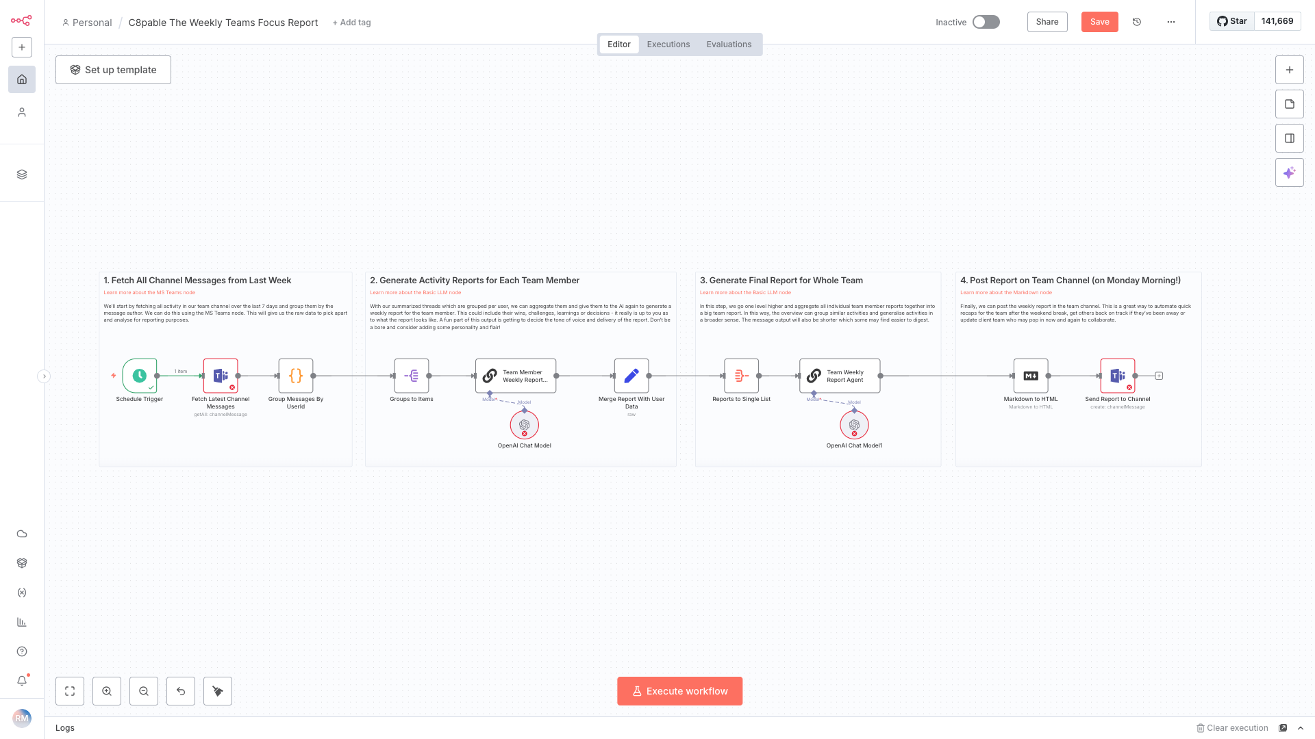 Screenshot of a workflow automation diagram for a weekly team report, showing steps from fetching channel messages to posting a report on a chat channel.