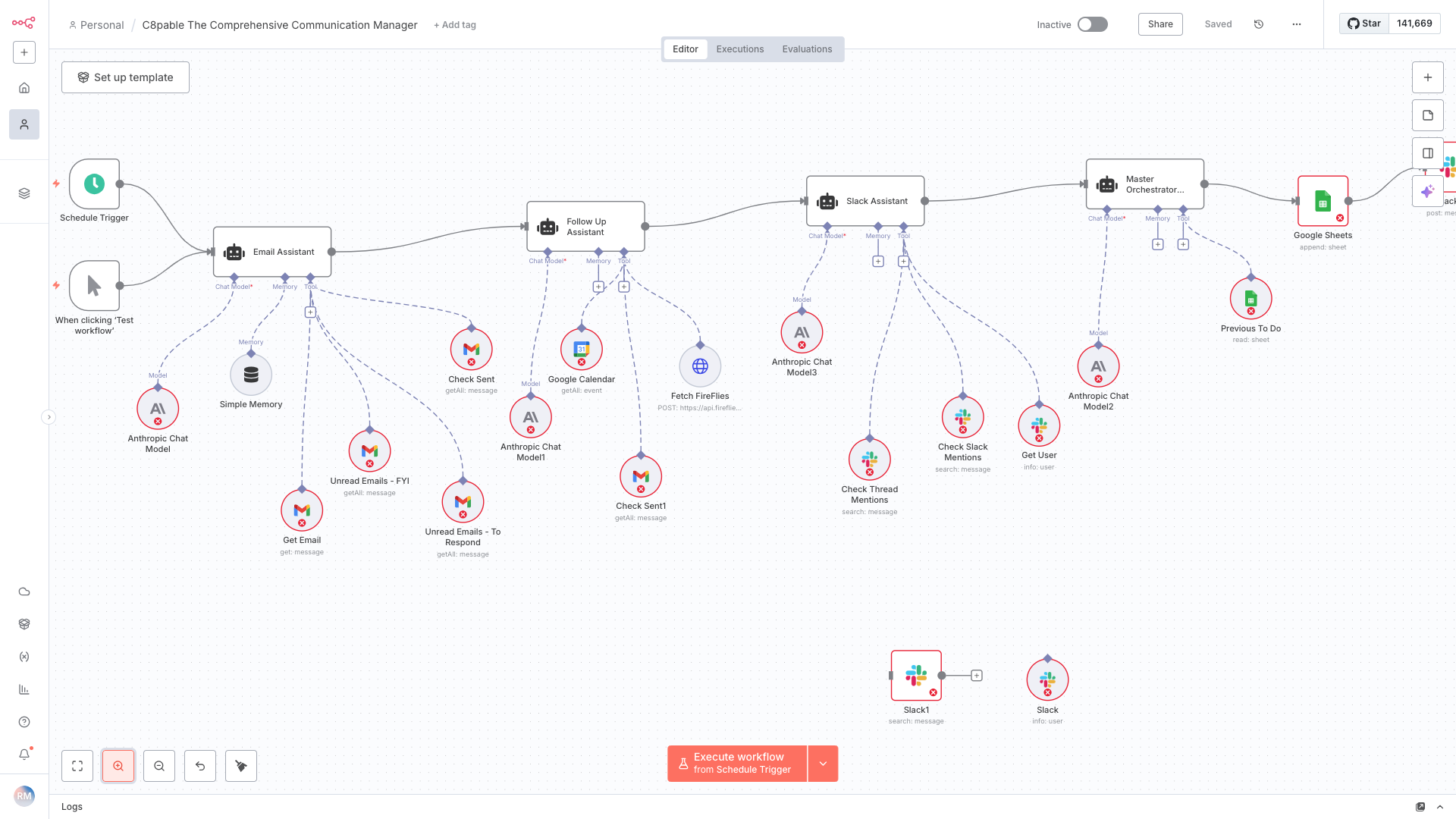 Workflow diagram of a communication management system with nodes representing triggers, assistants, chat models, and actions for email handling, calendar updates, chat interactions, and data storage.