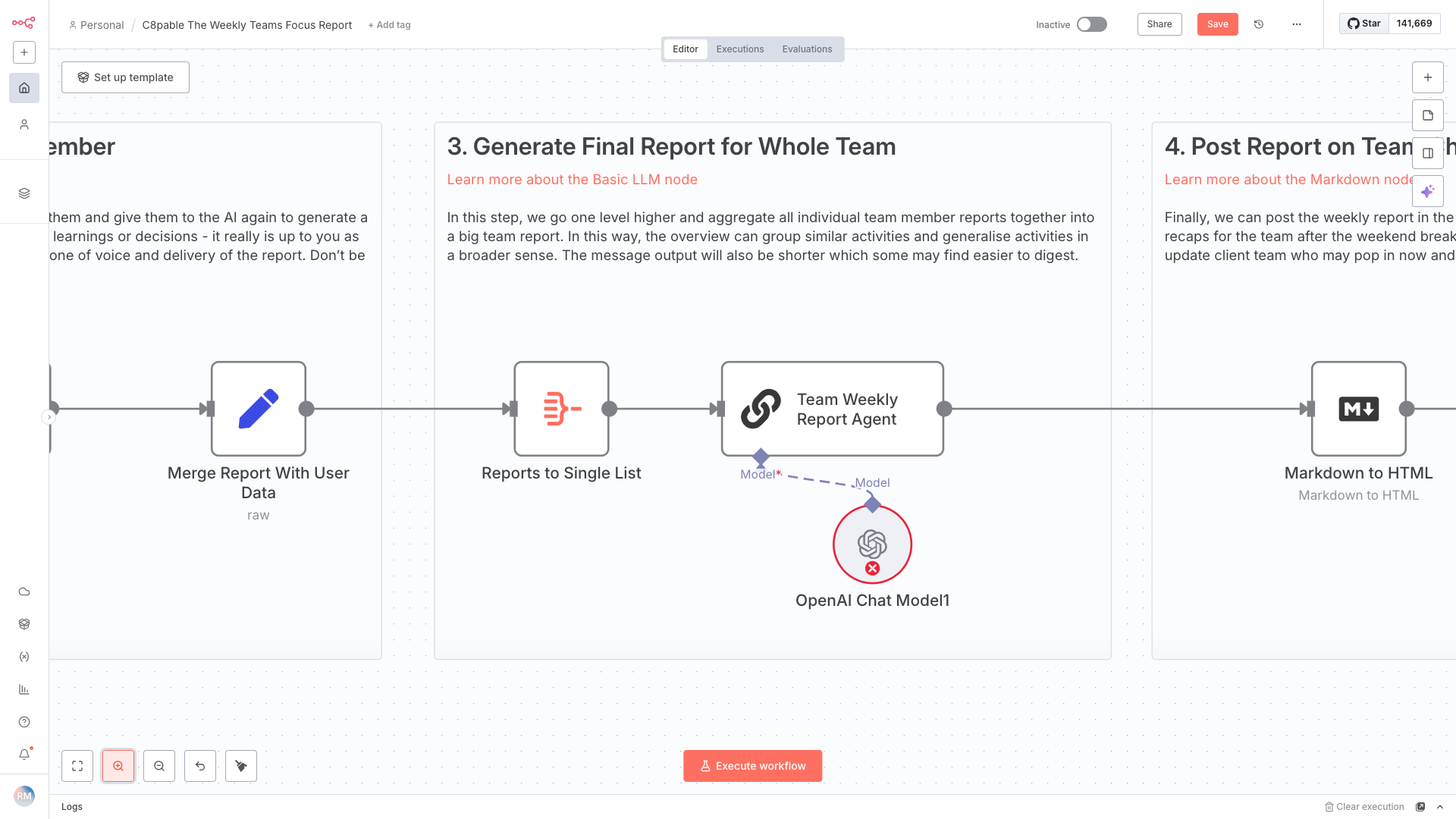 Flowchart diagram showing steps for generating a weekly team report, including merging user data, reporting to a list, using an OpenAI chat model, and converting markdown to HTML.