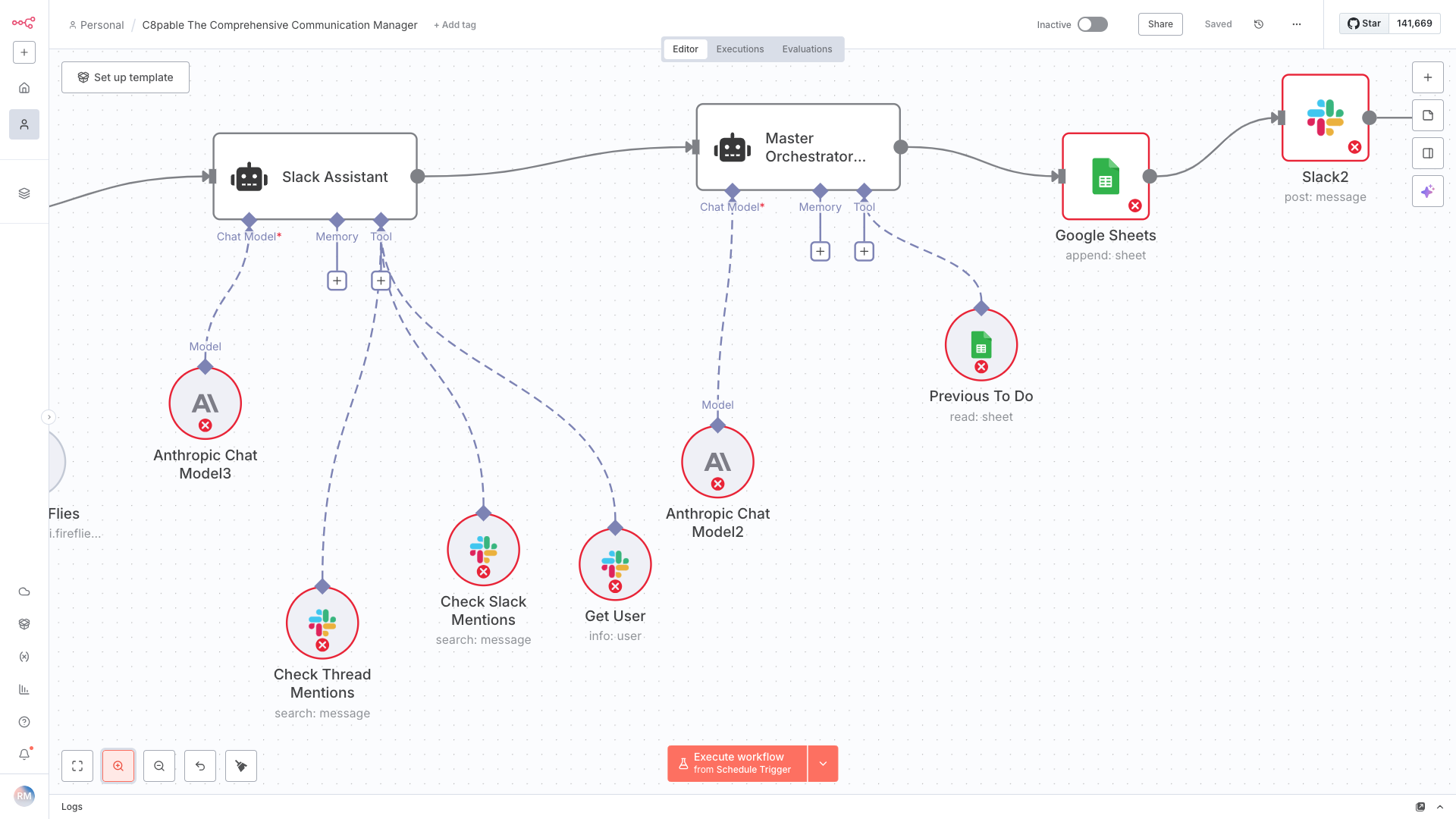 Workflow diagram of a communication manager with nodes for Slack Assistant, Master Orchestrator, Google Sheets, Previous To Do, and AI chat models, connected with arrows.