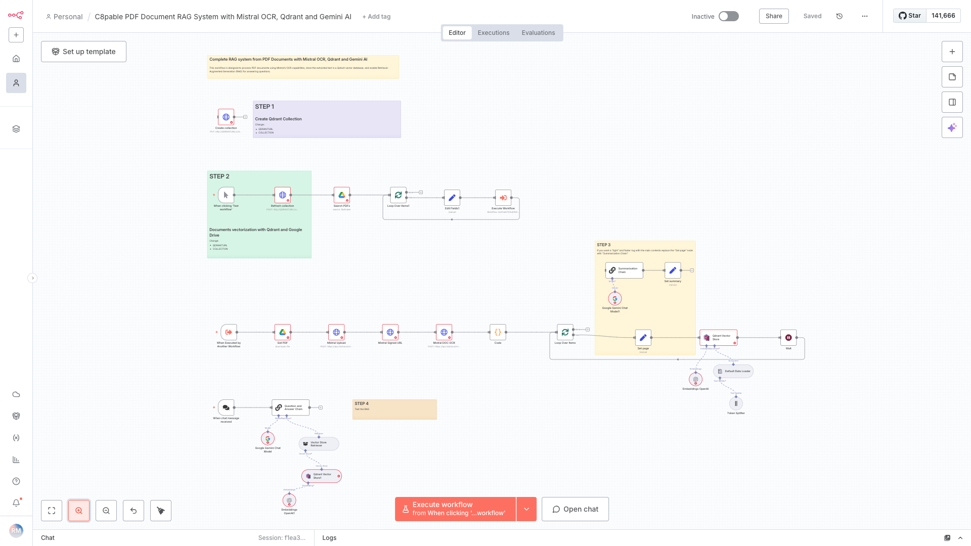 Screenshot of a digital workflow diagram for a PDF document OCR system with Mistral OCR, Qdrant, and Gemini AI, featuring colored sections and various process icons.